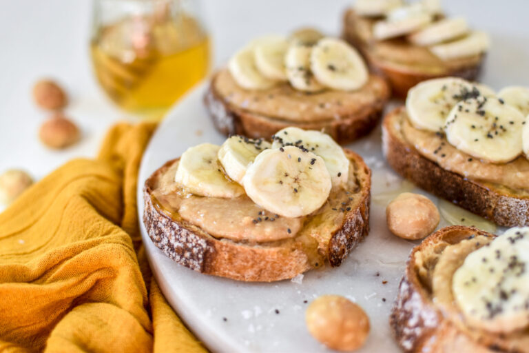 Salted macadamia butter, banana and honey crostinis